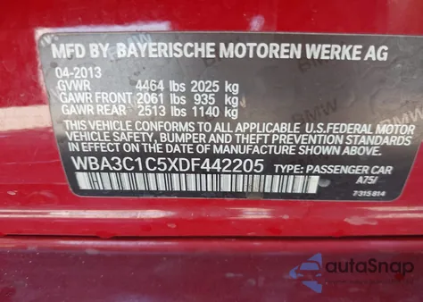 2013 BMW 328I из США, поврежденный, VIN WBA3C1C5XDF442205